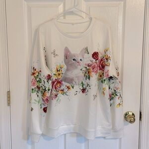 Lightweight Cat & Roses Pullover Sweater, Size XL NWOT